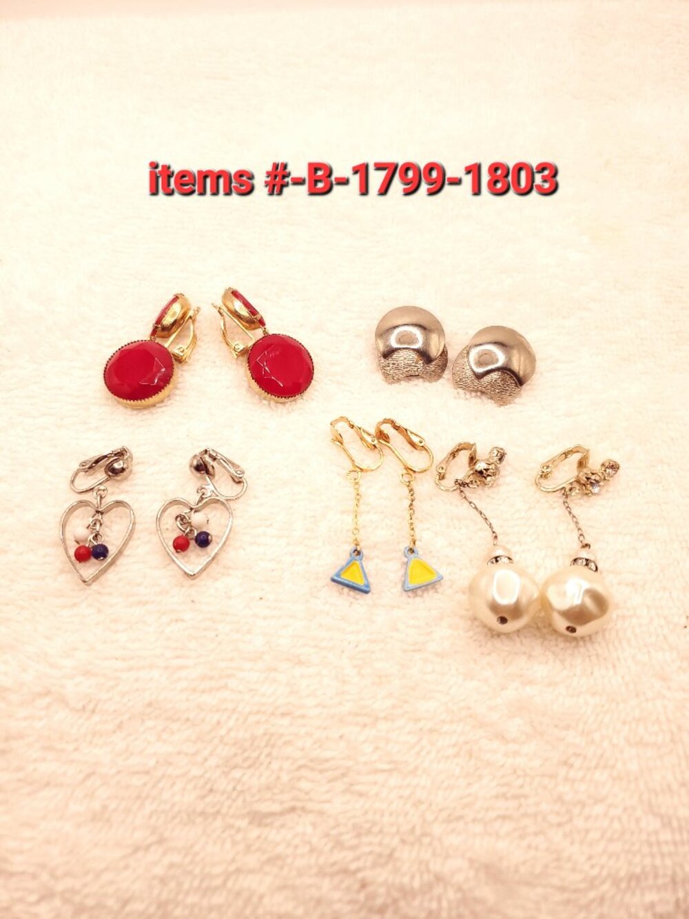 5 Pair of Clip on Earrings, item # B-1799-1803, wt. 36 grams .